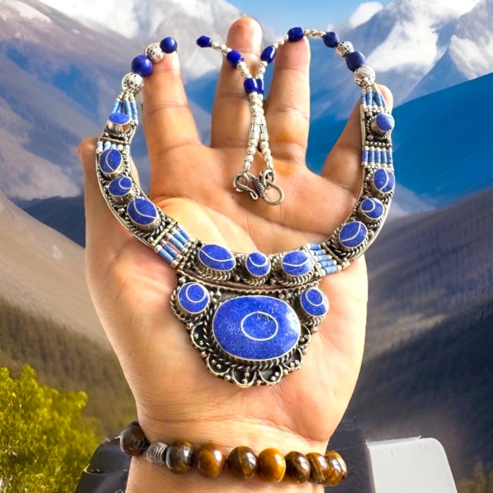 Elegant Ethnic Style Handcrafted Necklace With Lapis & Silver 19”in & 130grams